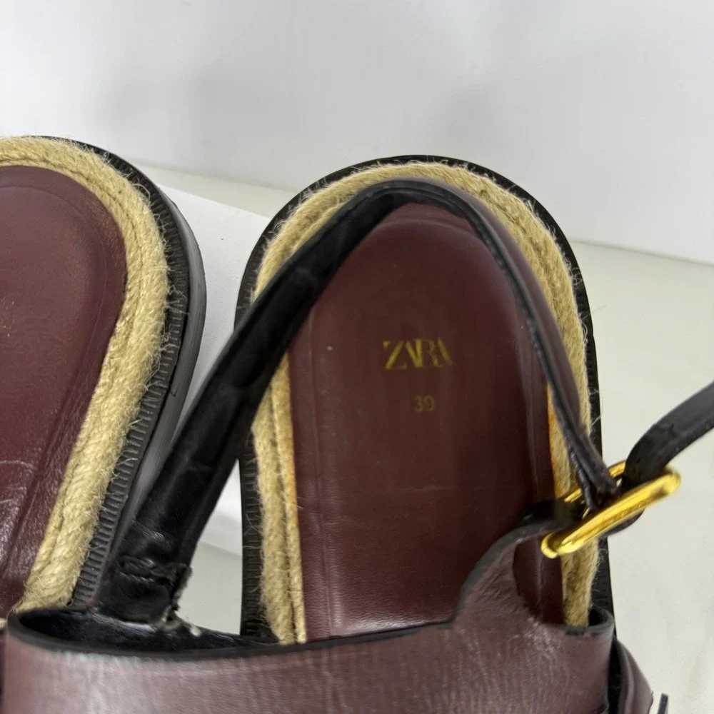 Zara Burgundy Leather Jute Buckle Strappy Flat Sandals Shoes Womens 39 8.5 - Picture 2 of 10